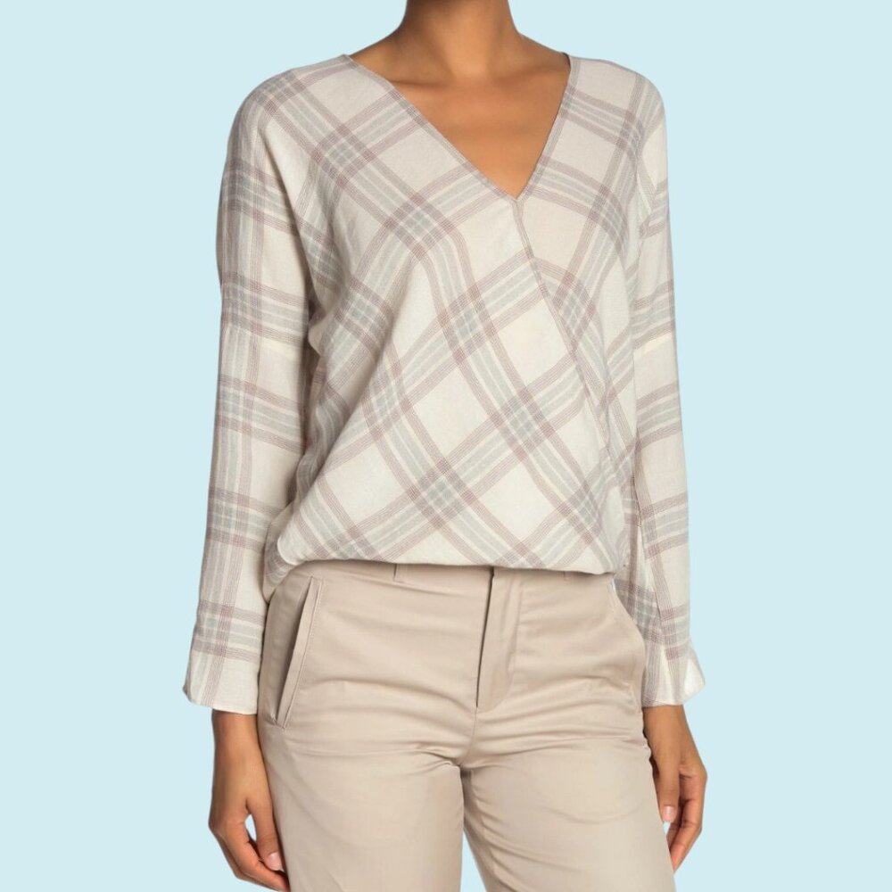 Vince Blouse Women's Large Textured Plaid V-Neck Long Sleeve Crossover Top $295